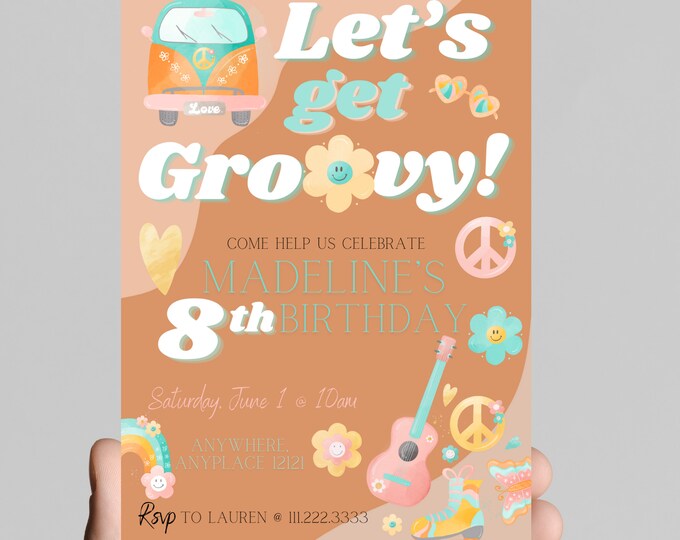 Let’s get groovy, retro, 70’s, throwback, daisy, boho, rainbow, groovy hippie girl birthday invitation themed, edit any age, printable
