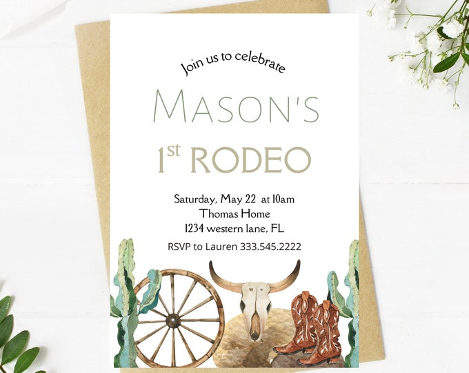 It's my first rodeo first birthday invitation, western, county, cactus, rustic, rodeo, cows, farm, horses, cowboy boots, first birthday boy