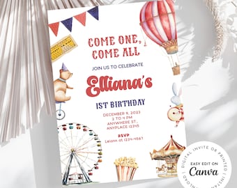 Come one come all, carnival theme birthday party invitation, carnival party, 1st birthday carnival, edit to any age, printable, digital
