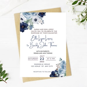 Beautiful Wedding invitation, dusty blue floral, Wedding, blue floral, navy, printable, editable, instant download template, e-card, Bridal