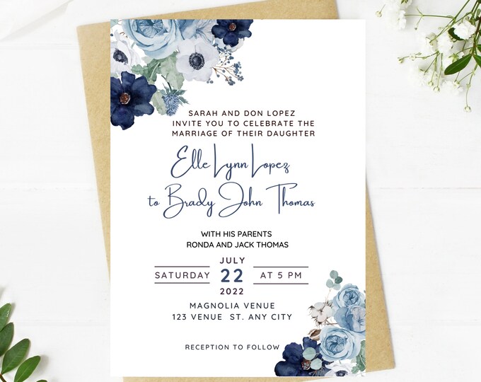Beautiful Wedding invitation, dusty blue floral, Wedding, blue floral, navy, printable, editable, instant download template, e-card, Bridal