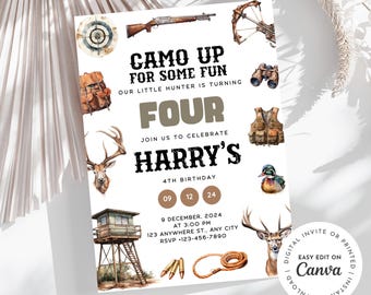 Könnte beinhalten: Eine druckbare Einladung zu einer 4. Geburtstagsfeier mit Jagdthema. Die Einladung zeigt ein Tarnmuster, ein Reh, ein Gewehr, Pfeil und Bogen und den Text "Camo Up for Some Fun Our Little Hunter is Turning Four Join Us to Celebrate Harry's 4th Birthday 9 December, 2024 at 3:00 PM 123 Anywhere St., Any City RSVP-123-456-7890".