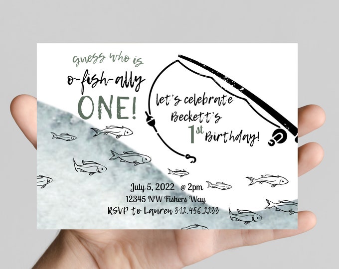 O'FISHally ONE theme Birthday Invitation, guess who is officially one, fish, fishing, water, first birthday invitation