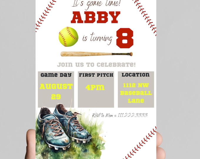 Come have a ball softball birthday girl invitation, home run,party, age is customizable,easy to edit, printable, digital.
