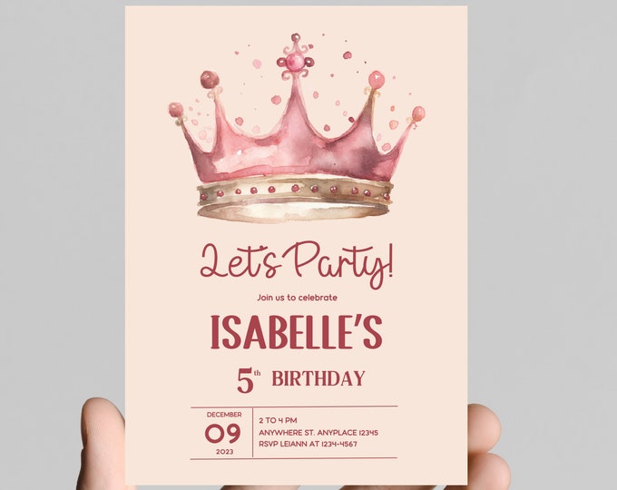 Pink crown birthday invitation, watercolor, little girl birthday party, age customizable