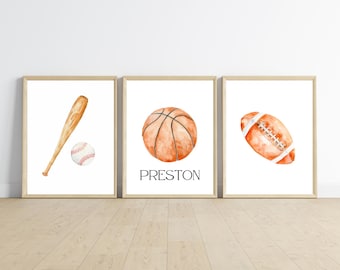 Sports room decor with custom NAME, wall art, baseball, football, basketball, 11x14, set of 3 prints customizable, frame not included