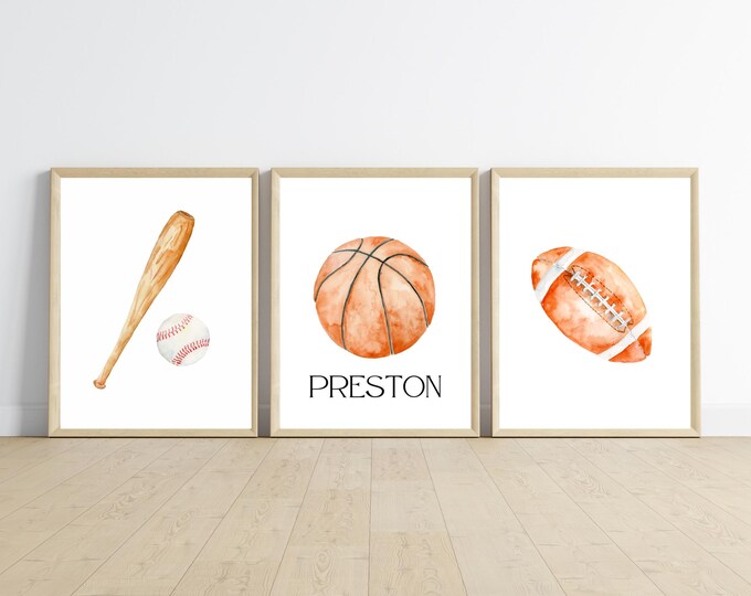 Sports room decor with custom NAME, wall art, baseball, football, basketball, 11x14, set of 3 prints customizable, frame not included