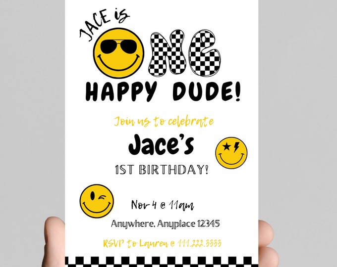 ONE happy dude, baby boy 1st birthday party invitation, black and white, smiley face, sunglasses, notorious one,editable, printable, digital