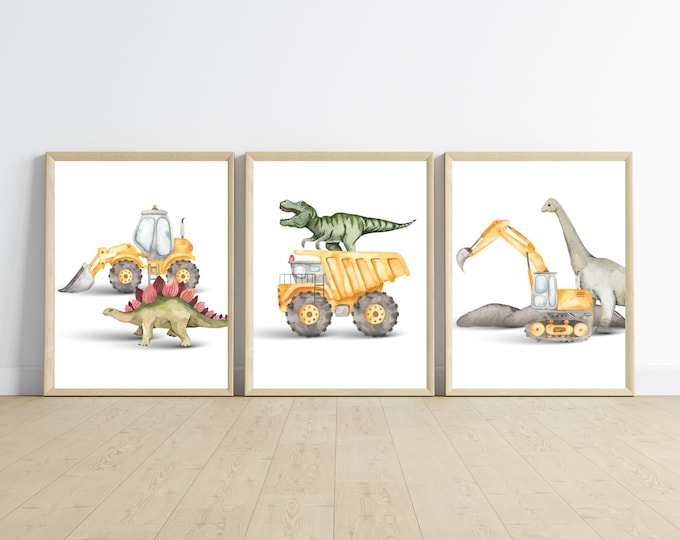 Dinosaurs and Construction trucks room decor, wall art, T-Rex, dump truck, excavator, fork lift, 11x14, Dinos, digital download, printable