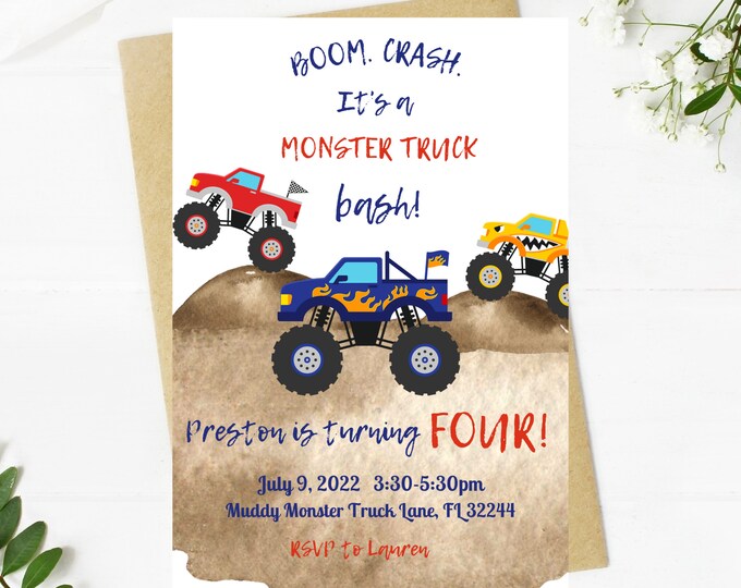 Monster truck theme Birthday Invitation, boom crash it's a monster truck bash! birthday boy, monster trucks, dirt, trucks