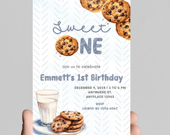 sweet one! Milk and cookies theme 1st birthday invitation, bakery sweets themed invitation for little one, chocolate chip cookies, printable