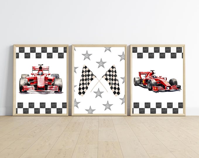 Race cars wall art, checkered flag, race way, need for speed, boy room, 11x14 set of 3 printables included, frame not included