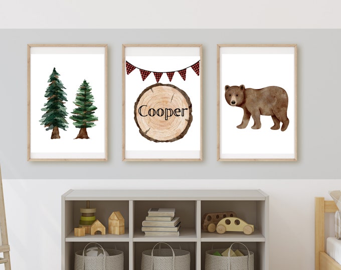 lumberjack woodland forest animal nursery wall art decor, buffalo plaid, bear, baby boy room, 11x14, set of 3 digital prints included.