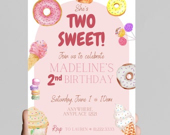 TWO sweet! 2nd birthday ice cream cone and donuts, bakery sweets themed birthday party invitation for little girl, sprinkles, candy