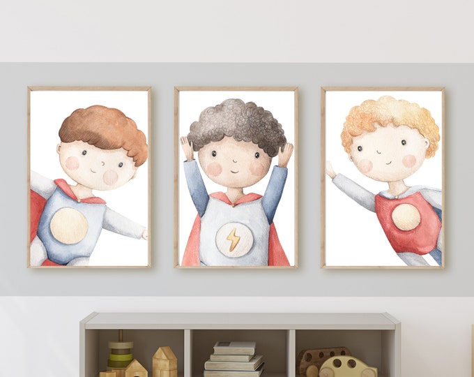 Watercolor superheroes, superhero themed wall decor, hero room decor, boy room decor, wall art, 11x14, set of 3 digital downloads