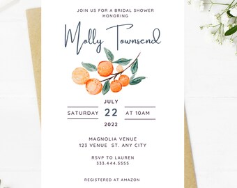Beautiful clementine, tangerine, orange, bridal shower invitation, Wedding, simple, minimalist, editable, instant download template