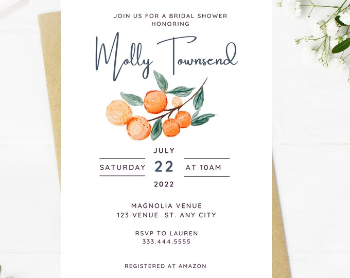 Beautiful clementine, tangerine, orange, bridal shower invitation, Wedding, simple, minimalist, editable, instant download template