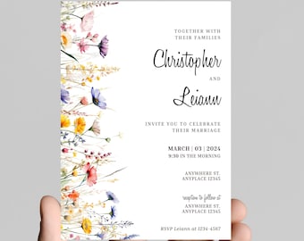 Beautiful wildflower Wedding invitation, simple, minimalist, printable, editable, instant download template
