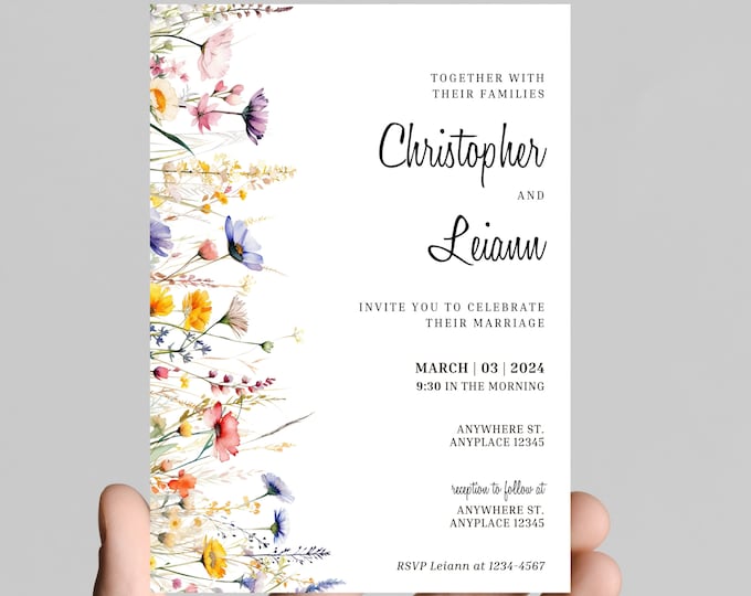 Beautiful wildflower Wedding invitation, simple, minimalist, printable, editable, instant download template