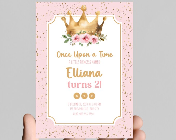 Princess theme birthday invitation, Princess castle, carriage, gold glitter, pink Princess, girl birthday party, customizable to any age
