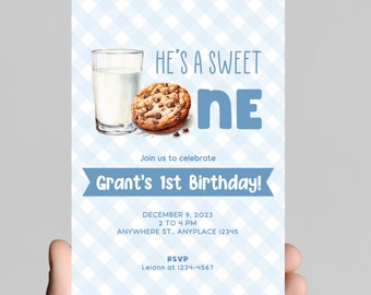Milk and Cookies 1st Birthday Invitation, Sweet One Theme (Printable)