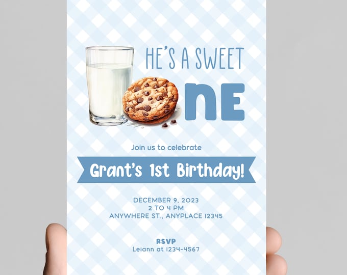 sweet one! Milk and cookies theme 1st birthday invitation, bakery sweets themed invitation for little one, chocolate chip cookies, printable