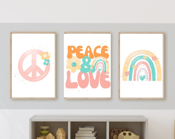 Peace and love, Retro hippie rainbow theme wall art, 11x14, set of 3 digital downloads