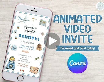 Adventure awaits! What a one-derful world theme birthday party video phone invitation, vintage travel, airplane, edit to any age