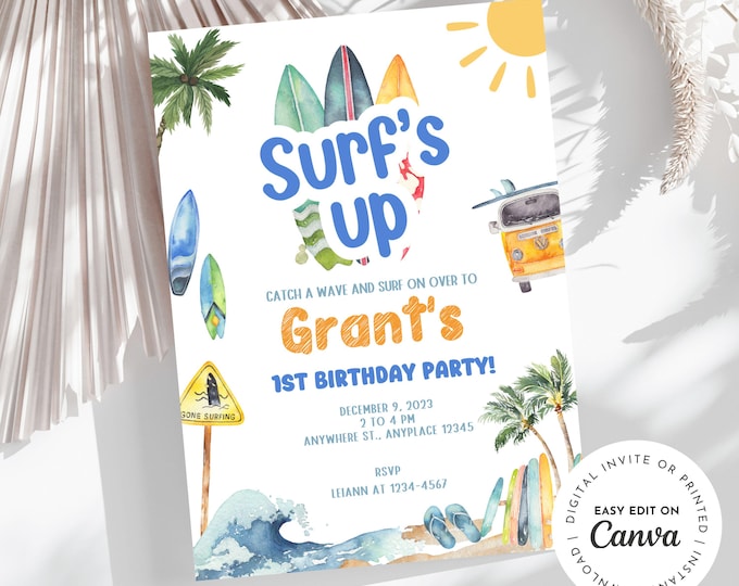 Surfing Birthday Invitation for Baby Boy, Surf's Up, Catch a wave, seaside, retro, beach theme birthday party for baby boy 1st birthday