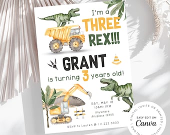Three-Rex! Construction truck and T-Rex dinosaur theme boy 3rd Birthday Invitation, I’m a three-Rex! dump truck, excavator, bulldozer, dino