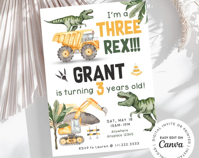 Three-Rex! Construction truck and T-Rex dinosaur theme boy 3rd Birthday Invitation, I’m a three-Rex! dump truck, excavator, bulldozer, dino
