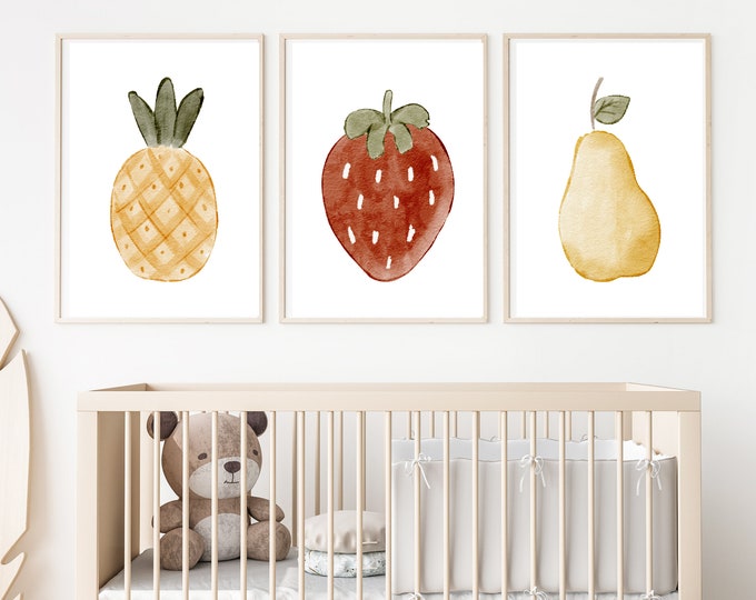 boho fruit nursery wall art decor, gender neutral, strawberry, pear, pineapple, nursery room,11x14, set of 3 digital prints included.