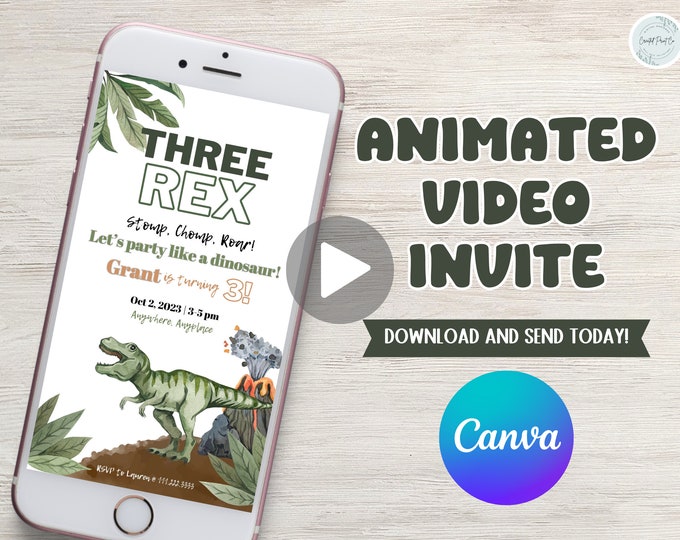 Stomp chomp roar, let’s party like a dinosaur, Dinosaur T-Rex theme birthday party video phone invitation, edit to any age