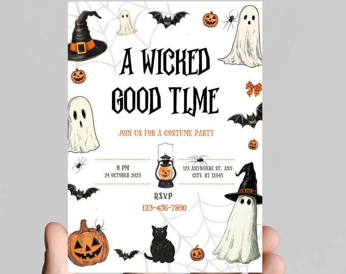 Halloween party invitation, spooky, costumes, pumpkins, spiders, editable, printable, digital