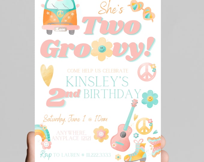 Retro TWO GROOVY retro, 70’s, throwback, daisy, retro groovy hippie 2nd girl birthday invitation themed, digital edit and print
