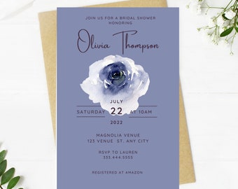 Navy Blue Floral Bridal Shower Invitation, Minimalist Wedding Invite (Instant Download)