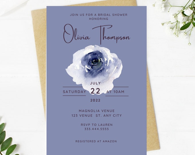 Beautiful navy blue bridal shower invitation, Wedding, simple, minimalist, printable, editable, instant download template