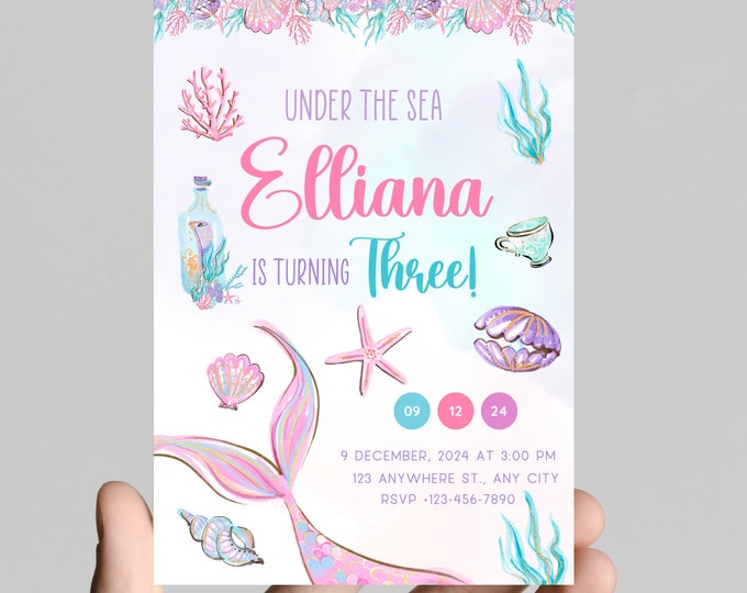Mermaid and seashells theme girl birthday party invitation, sea shells, little mermaid tails, treasure, starfish, watercolor,age is editable