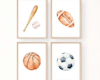 Sports room decor wall art, baseball, basketball, soccer ball, football, 11x14, set of 4 prints customizable, frame not included