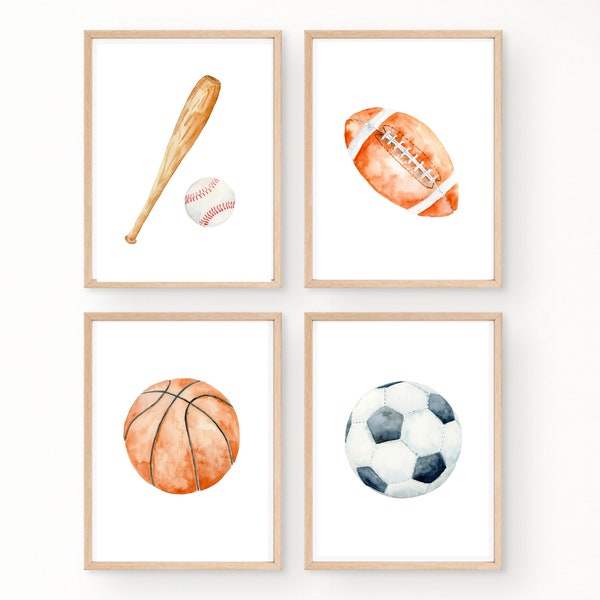 Sports room decor wall art, baseball, basketball, soccer ball, football, 11x14, set of 4 prints customizable, frame not included