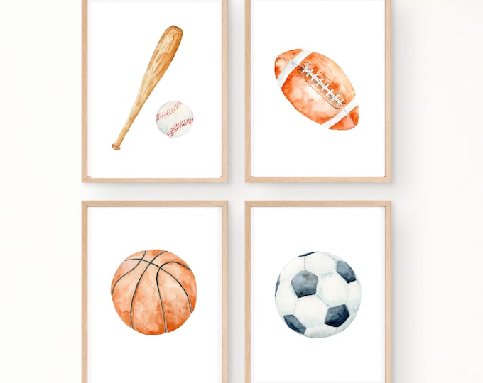 Sports room decor wall art, baseball, basketball, soccer ball, football, 11x14, set of 4 prints customizable, frame not included