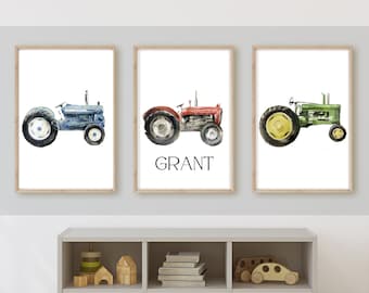 vintage tractor boy room decor with NAME, wall art, farm and country room, rustic, 11x14, set of 3 prints included, frame not included