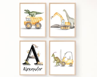Dinosaurs and Construction trucks room decor, wall art, T-Rex, dump truck, excavator, bulldozer, 11x14, Dinos, digital download, printable