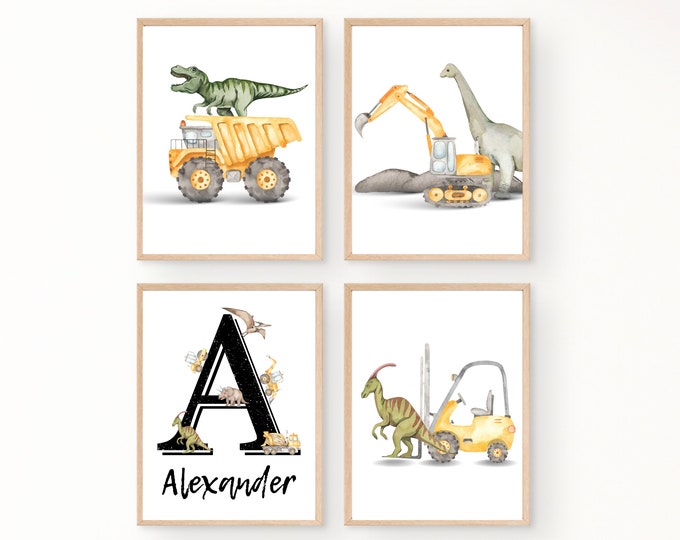 Dinosaurs and Construction trucks room decor, wall art, T-Rex, dump truck, excavator, bulldozer, 11x14, Dinos, digital download, printable