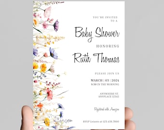 Beautiful wildflower baby shower invitation, simple, minimalist, printable, editable, instant download template