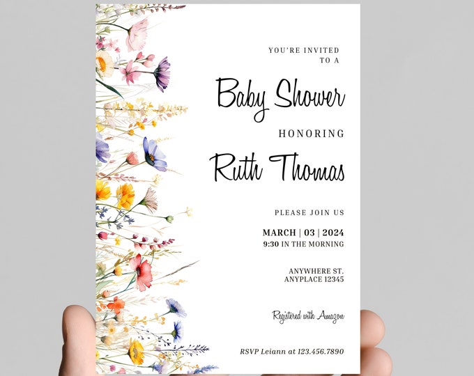 Beautiful wildflower baby shower invitation, simple, minimalist, printable, editable, instant download template