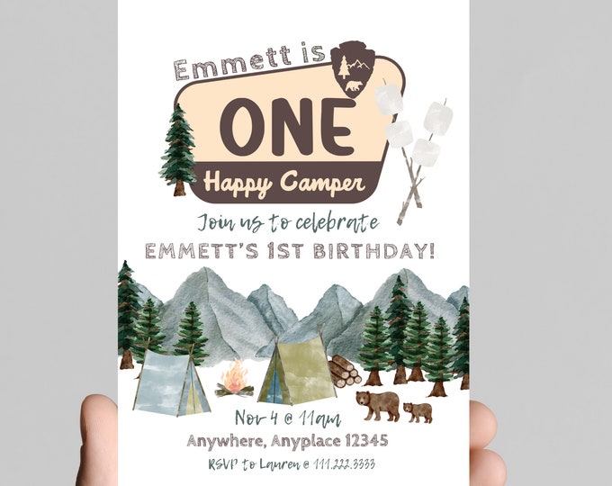 ONE happy camper theme 1st birthday party invitation, camping, camper, adventure, boy first birthday, printable, digital