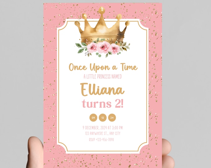Princess theme birthday invitation, Princess castle, carriage, gold glitter, pink Princess, girl birthday party, customizable to any age