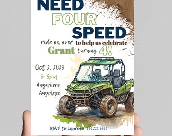 Need four (for) speed ATV side by side theme 4th birthday boy invitation, rev your engine shift into gear, dirt, mud, printable, digital