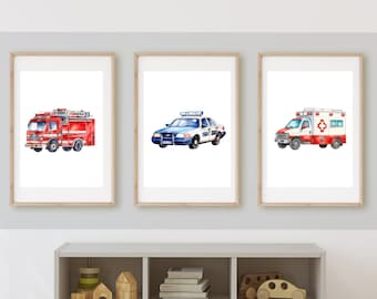 fire truck, police car, ambulance first responders rescue team room decor, wall art, 11x14, set of 3, customizable